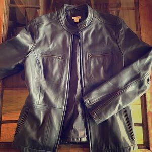 Dark Brown Leather Jacket Banded Collar with Snap